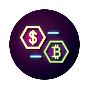 Bitcoin and dollar crypto currency neon style icon Illustrazione stock