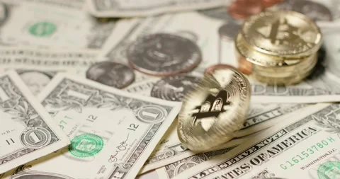 Bitcoin and Dollar exchange concept. Trading digital money with dollars Stock Footage 154049347