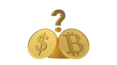Bitcoin and dollar with question mark and alpha channel in 3D animation. 4K Stock Footage 155156684