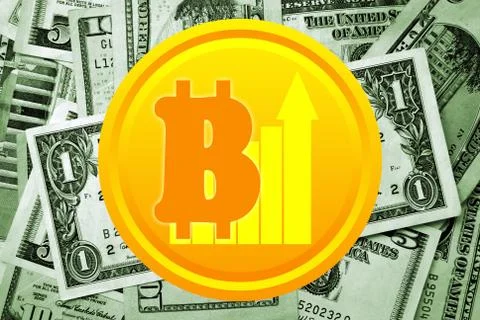 Bitcoin and dollars on background Illustrazione stock