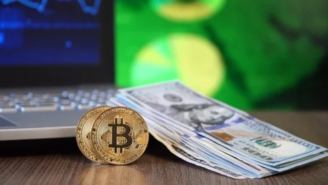 Bitcoin and Dollars Stock Footage 86950147