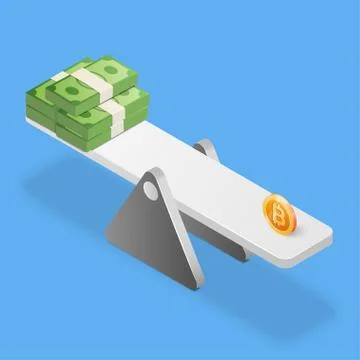 Bitcoin and dollars stack on scales. Business concept. Isometric vector Stock Illustration
