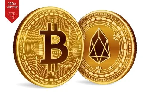 Bitcoin and EOS. 3D isometric Physical coins. Digital currency. Cryptocurrenc Illustrazione stock