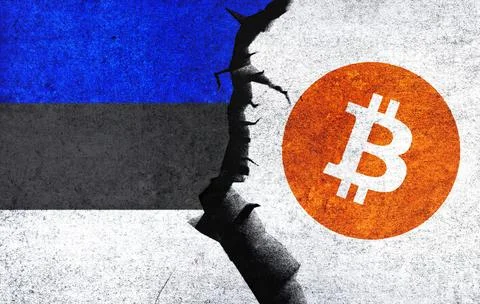 Bitcoin and Estonia flag on a wall with a crack. Stock Illustration