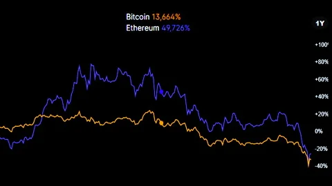 Bitcoin and Ethereum performance comparison chart over one year Stock Footage 334299330