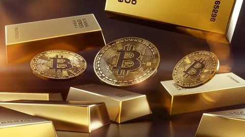 Bitcoin and gold ingots falling, gold ingots, blockchain technology for crypt Stock Illustration