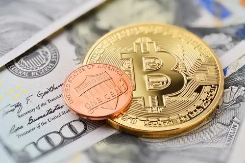 Bitcoin and one cent Stock Photos
