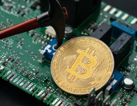 Bitcoin And Pickaxe Mining On Green Micro Scheme, Bitcoin Mining Concept Stock Photos