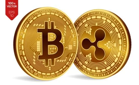 Bitcoin and Ripple. 3D isometric Physical coins. Digital currency. Cryptocurr Stock Illustration