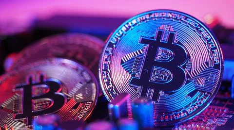 Bitcoin and semiconductor. Represent mining in Cryptocurrency cause global wa Stock Photos