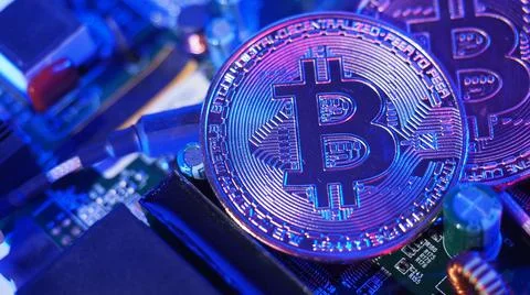 Bitcoin and semiconductor. Represent mining in Cryptocurrency cause global wa Stock Photos