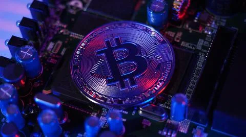 Bitcoin and semiconductor. Represent mining in Cryptocurrency cause global wa Stock Photos