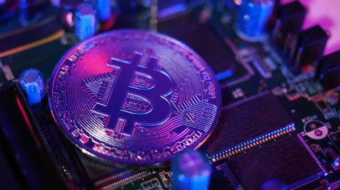 Bitcoin and semiconductor. Represent mining in Cryptocurrency cause global wa Stock Photos