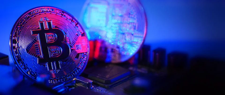 Bitcoin and semiconductor. Represent mining in Cryptocurrency cause global wa Stock Photos