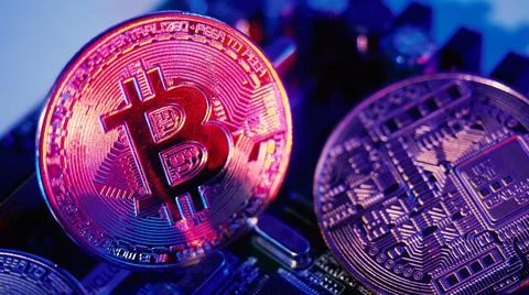 Bitcoin and semiconductor. Represent mining in Cryptocurrency cause global wa Stock Photos