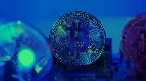 Bitcoin and semiconductor. Represent mining in Cryptocurrency cause global wa Stock Photos