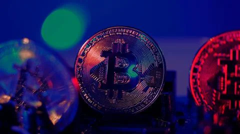 Bitcoin and semiconductor. Represent mining in Cryptocurrency cause global wa Stock Photos