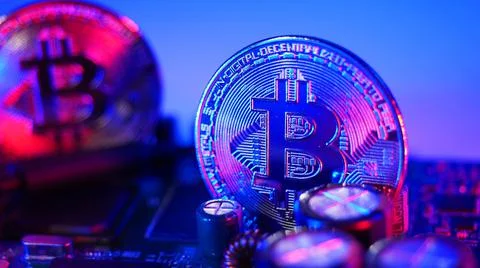 Bitcoin and semiconductor. Represent mining in Cryptocurrency cause global wa Stock Photos