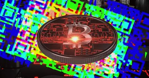 Bitcoin and spot of light moving over circuit of connections Ilustração Stock