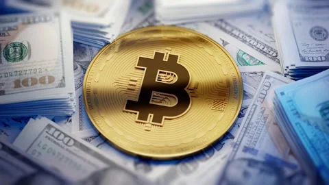 Bitcoin and Stacks of Dollar Bills Stock Footage 274178364
