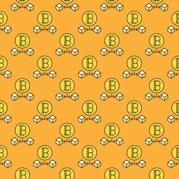 Bitcoin and two blocks vector Cryptocurrency colored seamless pattern Stock Illustration