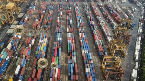 Bitcoin animation on aerial view container ship port Stock Footage 91975657