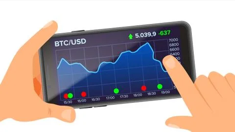 Bitcoin Application . Hand Holding Smartphone. Bitcoin App with Graph, Trend Stock Illustration