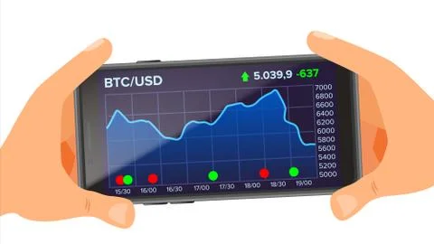 Bitcoin Application Web Charts Vector. Hand Holding Smartphone. Bitcoin Exchange Stock Illustration