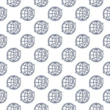 Bitcoin around the World Globe vector Cryptocurrency seamless pattern in ou.. Stock Illustration