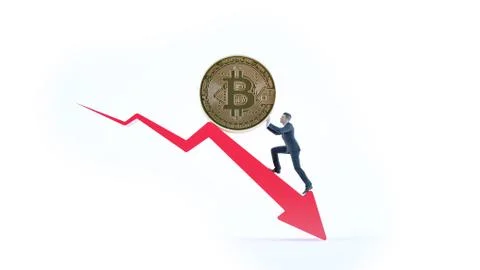 Bitcoin arrow down for decline value and businessman. Stock Photos