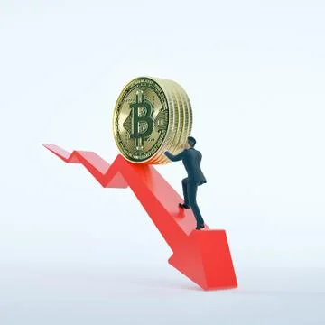 Bitcoin arrow down for decline value and businessman. Stock Photos