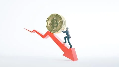 Bitcoin arrow down for decline value and businessman. Stock Photos