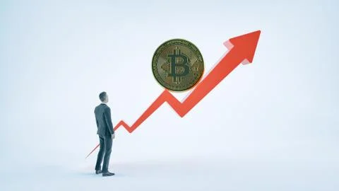 Bitcoin arrow up for increasing value and businessman. Stock Photos