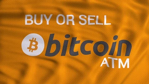 Bitcoin atm orange flag waving, buy or sell for cash bitcoin text. Automated tel Stock Footage 80863528