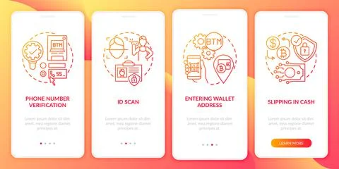 Bitcoin ATM verification steps onboarding mobile app page screen with concepts Ilustración de archivo