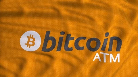 Bitcoin ATM waving orange, logo cash machine animation flag Stock Footage 80863088