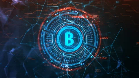 Bitcoin Background in blue and red lasers Stock Footage 235620585