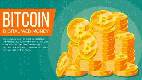 Bitcoin Banner Vector. Digital Web Money. Gold Coins Stack. Business Crypto Stock Illustration