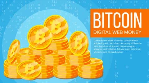Bitcoin Banner Vector. Electronic Web Money. Gold Coins Stacks. Business Crypto Stock Illustration
