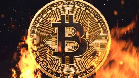 Bitcoin - bit coin BTC cryptocurrency money burning in flames and fire sparkles Vidéo 82278001