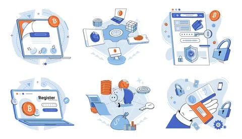 Bitcoin. The bitcoin concept challenges traditional financial systems with its Stock Illustration