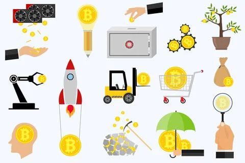 Bitcoin, Bitcoin mining, icons earnings Bitcoins. Crypto currency icon. Stock Illustration