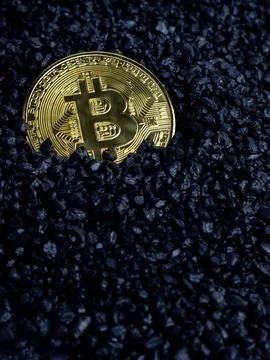 Bitcoin on black pebbles surface in vertical shot. Stock Photos