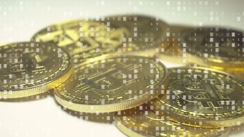 Bitcoin on Black Reflective Surface. Binary Codes on Background. Stock Footage 139132590