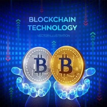Bitcoin. Blockchain. 3D isometric Physical bit coin. Block chain concept. Dig Stock Illustration