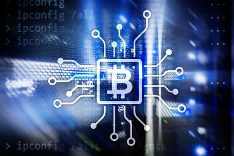 Bitcoin, Blockchain concept on server room background. 스톡 일러스트