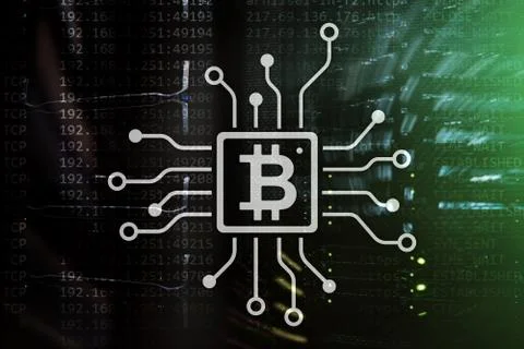 Bitcoin, Blockchain concept on server room background. Illustrazione stock