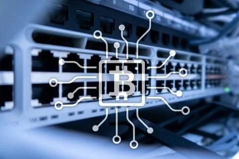 Bitcoin, Blockchain concept on server room background. 스톡 일러스트