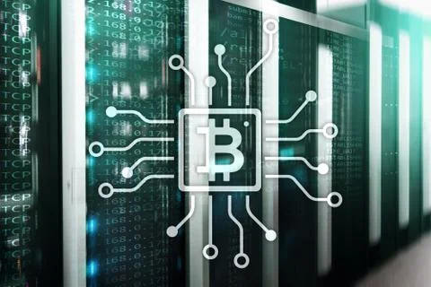Bitcoin, Blockchain concept on server room background. 스톡 일러스트
