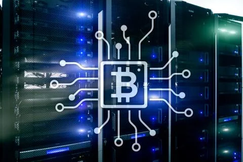 Bitcoin, Blockchain concept on server room background. 스톡 일러스트